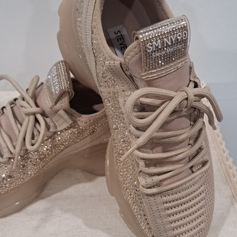 Steve Madden NY90 Tan Sneakers with Knit Upper and Sock-Like Collar